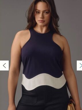Anthropologie Navy and White Wave-Hem Tank